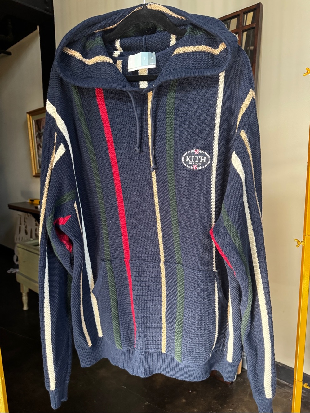 Kith Navy Hooded Zip-Up Sweater with Cream, Green & Red Stripes